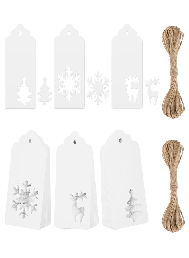 KINGLAKE Tags - 150 Pcs with String, White Xmas Holiday Blank Paper Gift Tags for Presents, Hollow Christmas Tree Snowflake Reindeer Xmas Labels - Image 1